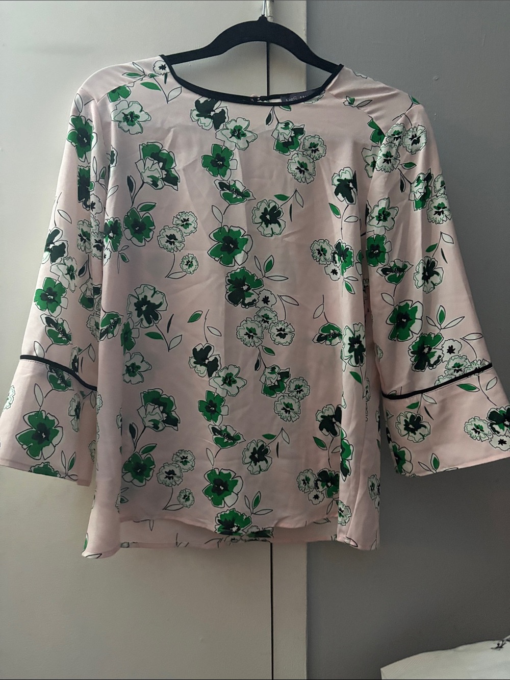 Floral Pink and Green Bell-Sleeve Blouse